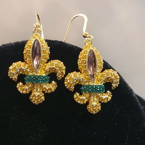 Mardi Gras Multicolor Crystal Gold-Tone Drop Down Fleur-De-Lis Earrings.